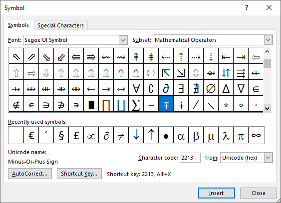 Minus-plus symbol in Symbols Word 2016