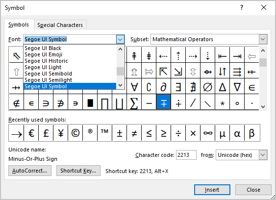 Minus-plus symbol in Symbols Word 365