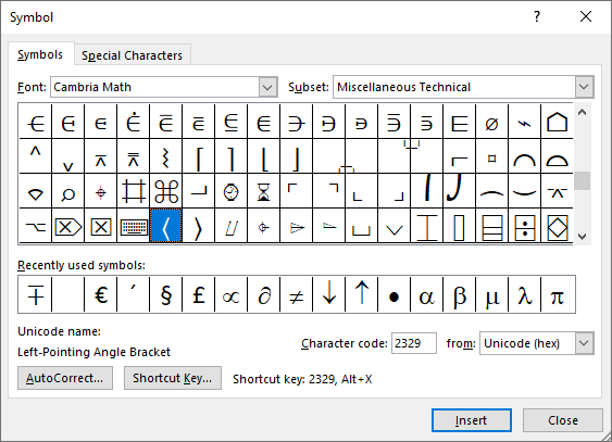 Bra symbol in Symbols Word 2016