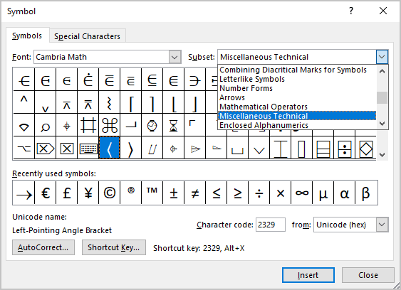 Bra symbol in Symbols Word 365