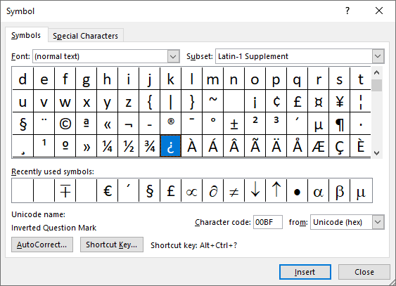 Inverted question mark in Symbols Word 2016