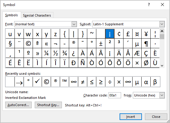 Inverted exclamation mark in Symbols Word 365