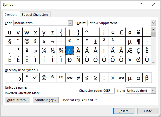 Inverted question mark in Symbols Word 365