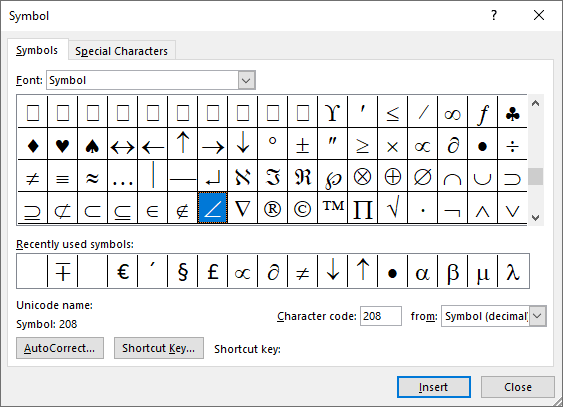 Angle symbol in Symbols Word 2016