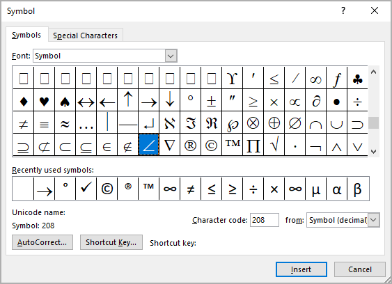 Angle symbol in Symbols Word 365