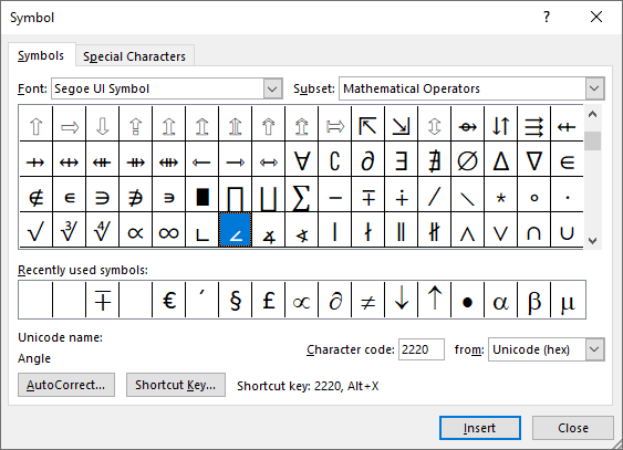 Angle symbol in Segoe UI Symbol font Word 2016