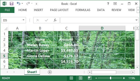 background in Excel 2013 spreadsheet