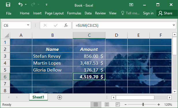 background in Excel 2016 spreadsheet
