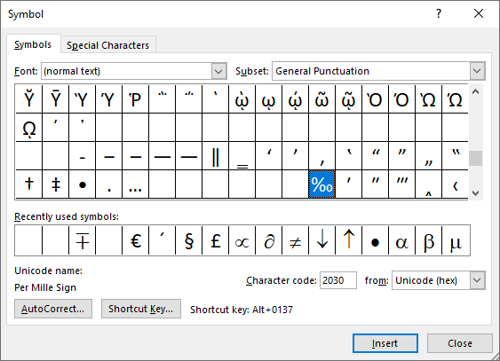 Per Mille sign in Symbols Word 2016