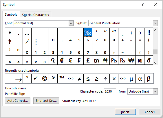 Per Mille sign in Symbols Word 365