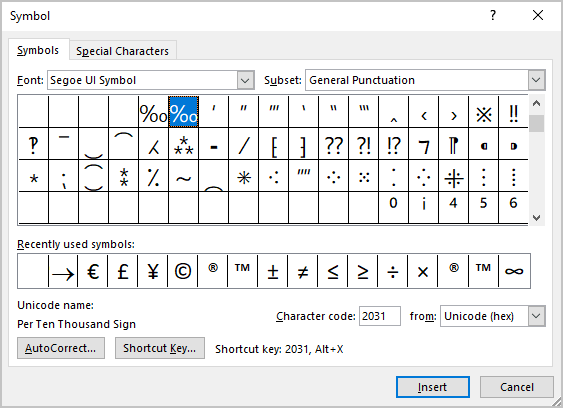 Per Ten Thousand sign in Symbols Word 365