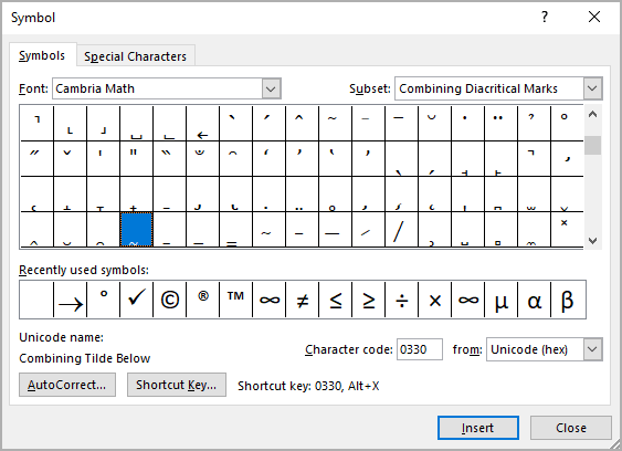 Symbols in Word 365