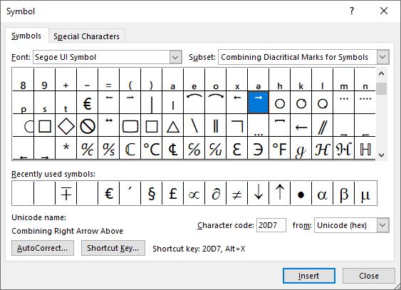 Combining Right Arrow Above symbol in Symbols Word 2016