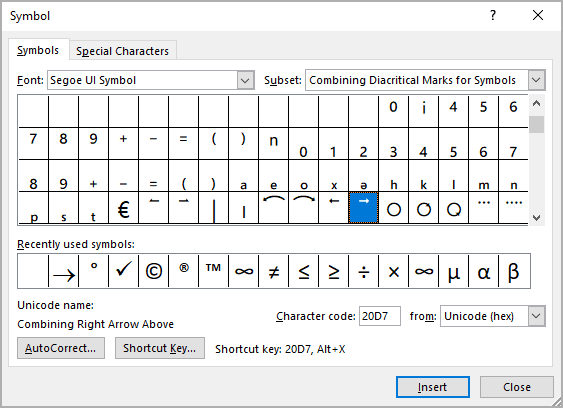 Combining Right Arrow Above symbol in Symbols Word 365