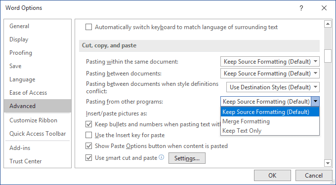Keep Text Only Options in Word 2016