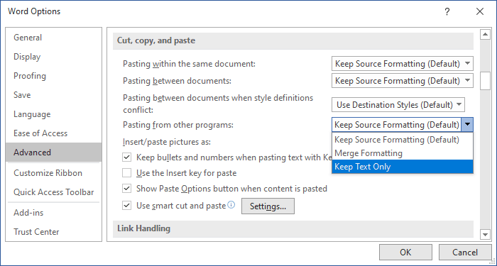 Keep Text Only Options in Word 365