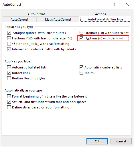 AutoCorrect Hyphens with dash in Word 2016