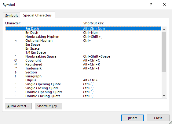 Em Dash symbol in Symbols Word 2016