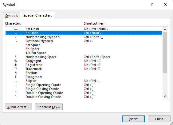 En Dash symbol in Symbols Word 2016