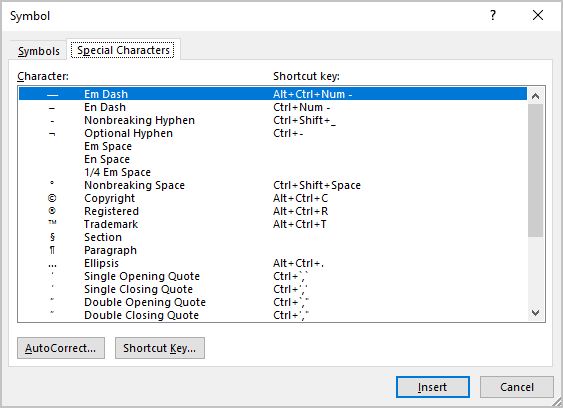 Em Dash symbol in Symbols Word 365