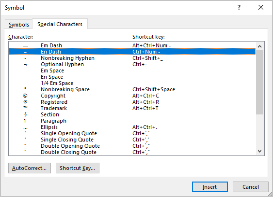 En Dash symbol in Symbols Word 365