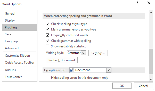 Spell check as you type in Word 2016