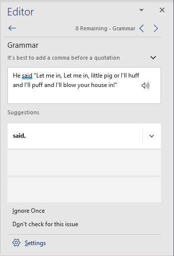 Grammar errors in the Editor pane Word 365