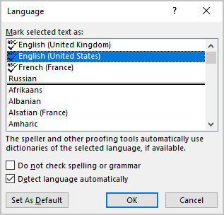 Language dialog box in Word 365