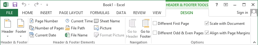 Header and Footer Tools Excel 2013