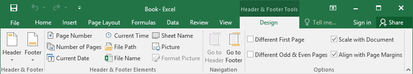 Header and Footer Tools Excel 2016