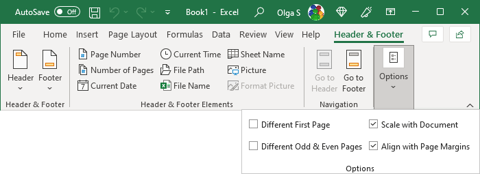 Header and Footer tab in Excel 365