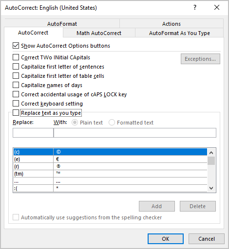 AutoCorrect tab in the AutoCorrect dialog box Word for Microsoft 365