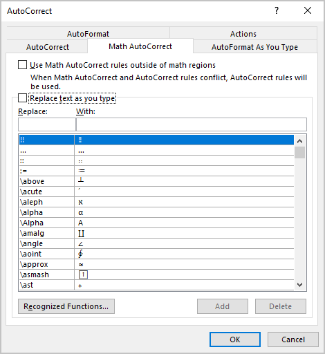 Math AutoCorrect tab in the AutoCorrect dialog box Word for Microsoft 365