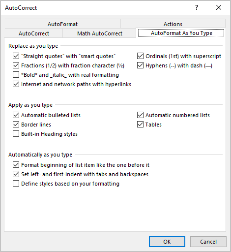 AutoFormat As You Type tab in the AutoCorrect dialog box Word for Microsoft 365