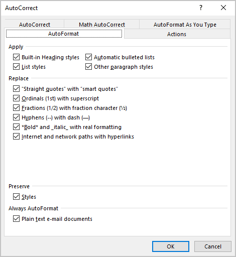 AutoFormat tab in the AutoCorrect dialog box Word for Microsoft 365