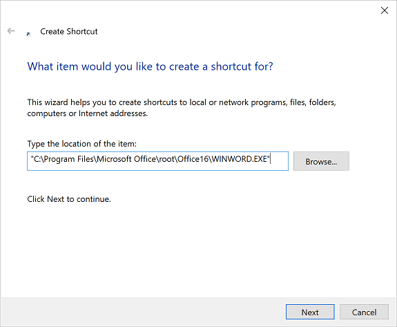 Create Shortcut dialog box in Word for Microsoft 365 Create Shortcut dialog box in Word 365