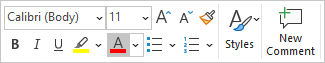 Font Color button in Mini toolbar Word 365