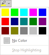 Text Highlight Color dropdown list in Word 365