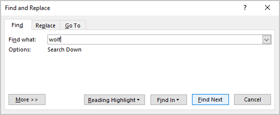 Find next in Find and Replace dialog box Word 365