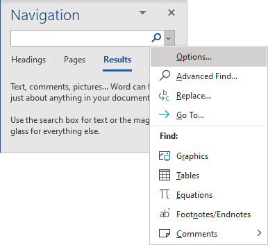 Find in Navigation pane Word 365