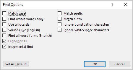 Find Options in Word 365