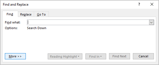 More Options in Find and Replace dialog box Word 365