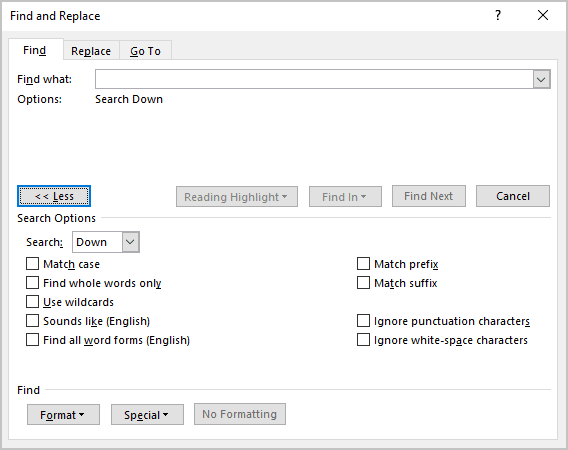 Options in Find and Replace dialog box Word 365