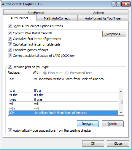 Replace AutoCorrect in Word 2010