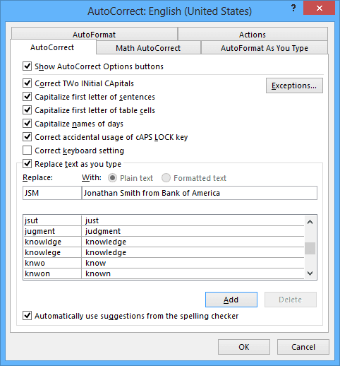 AutoCorrect in Word 2013
