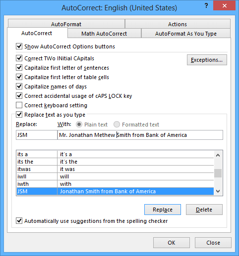 Replace AutoCorrect in Word 2013