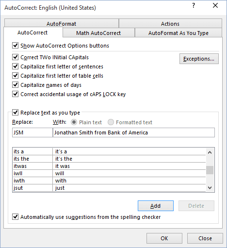 AutoCorrect in Word 2016