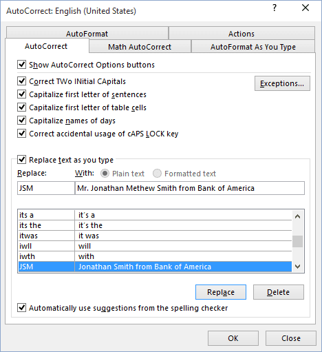 Replace AutoCorrect in Word 2016