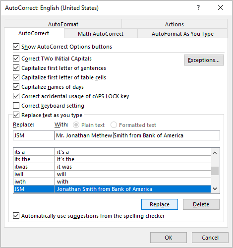 Replace AutoCorrect in Word 365