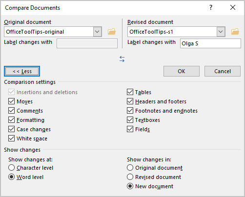 Full Compare Documents dialog box in Word 365